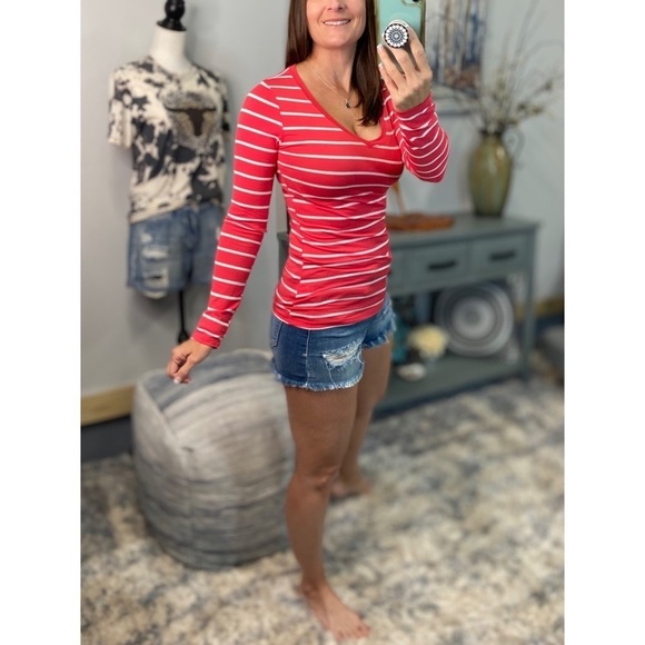 Nautical Striped Preppy Stretch V Neck Long Sleeve Shirt Bright Coral White 1922 - Picture 3 of 5